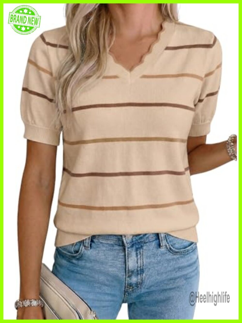 Striped Knit Top Short Sleeve V Neck Pullover